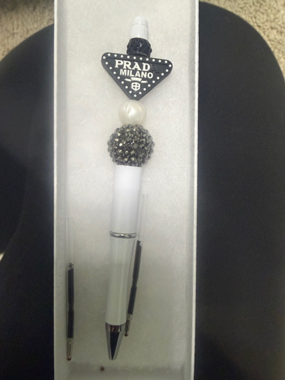 Prada White Ballpoint Pen with Black Logo Charm and Crystal Bead
